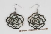 SE076 Hand Carved Flower Black Shell Silver Toned Dangle Earrings