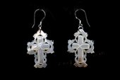 SE077 Hand Carved 20*30mm Cross Shell Silver Toned Earrings