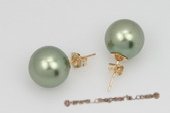 Shpe069 14K Yellow Gold peacock green shell pearl  studs Earring