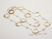 sn019 Hand Warped Cultured Pearl and Circles shell Rope Necklace