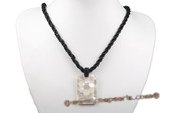 SN021 Black Seed Beads Necklace with Square MOP Shell Pendant