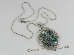 sp033 Oval Abalone Shell Pendant Leather Necklace