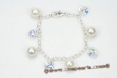 spbr029 Hand Wired White Round Shell Pearl & Crystal Bracelet