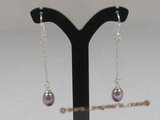 spe051 925silver single row hook earrings with purple cultured pearl