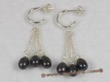 spe064 sterling black tear-drop freshwater pearl dangle hoop earrings