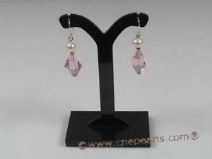 spe113 Sterling faceted pink crystal beads and pearl dangle Earring