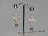 spe129 925silver star design dangle earring with purple tear-drop pearl