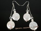 spe158  sterling silver and 16-17mm white coin pearl dangle earrings