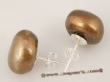 spe211_1 Sterling silver 12-13mm cultured baroque pearl stud earring in coffee color