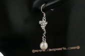 spe337 925Silver Freshwater Drop Pearl and Zircon Flower Hook Earrings