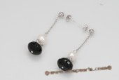 spe370 Elegant Round pearl with Black Agate Long chain Dangle Earrings