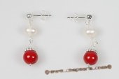 Spe428 Latest Cultured Pearl & Coral Pierce Earrings in Sterling Silver