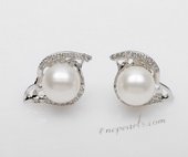 Spe493 Sterling Silver Freshwater Round Pearl and Cubic Zirconia Earrings