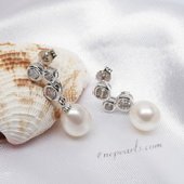 Spe494 925 Sterling Silver Drop Pearl and Zircon Dangle Earrings
