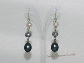 Spe514 White & Grey Button Pearl and 8-9mm Rice Pearl Dangling Earrings