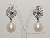 Spe518 Sterling Silver Zircon Bead Pave Flower Freshwater Pearl Earring
