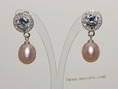 Spe522   Freshwater Pearl Sterling Silver Earring drops with Cubic Zirconia accents