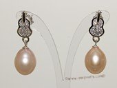 Spe523    Sterling Silver Violin Style Cultured Pearl and Cubic Zirconia Earrings