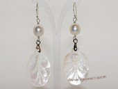 spe579  9-10mm white rice pearl earring with mother of pearl shell bead