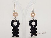 spe583 Cultured Freshwater  Pearl  Dangle Pieced Earrings with Fish SkeletonGemstone