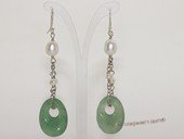 spe591 Sterling Silver Freshwater Pearl with Green Jade Dangle Earrings