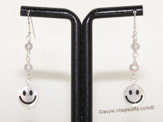 spe592 Hand Wired Freshwater Pearl with smile face shell  Sterling Earrings