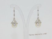 spe612 White Freshwater Round Pearl and Zircon Dangle Earrings