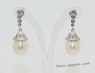 Spe631 Sterling Silver Zircon Bead Pave Freshwater Pearl Earring