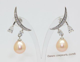 Spe632  Sterling Silver Crescent Moon Style Cultured Pearl and Cubic Zirconia Earrings
