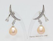 Spe632  Sterling Silver Crescent Moon Style Cultured Pearl and Cubic Zirconia Earrings