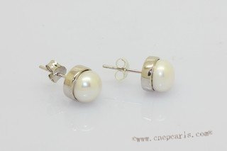 spe644 7.5-8mm button pearl in  sterling silver earring stud bezel setting