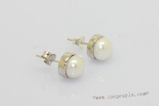 spe644 7.5-8mm button pearl in  sterling silver earring stud bezel setting