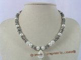 spn020 8mm white shell pearl alternated with silver beads neckalce
