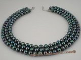 spn028 Hand wrapped triple rows round shell pearl necklace in black color