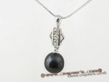 spp149 Single 10-11mm black round pearl sterling silver pendant studded with zircons