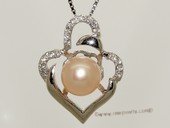Spp421 Sterling Silver .925 Genuine Freshwater Pearl Zircon Pave Flower Shape Heart Pendant