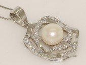 Spp422 Sterling Silver Freshwater White Pearl  & CZ Flower Pendant