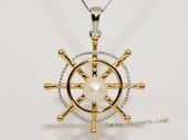 Spp440 925 Sterling Silver Ship Wheel  Sailor Symbol Freshwater Pearl Pendant
