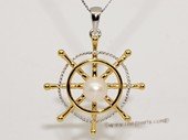 Spp440 925 Sterling Silver Ship Wheel  Sailor Symbol Freshwater Pearl Pendant