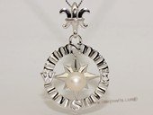 Spp442 Sterling Silver Compass Rose Freshwater Pearl Pendant Fleur-de-lis Figure Bail