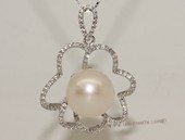 spp457 Sterling Silver  Freshwater Pearl Blossom Pendant Zircon Bead accent