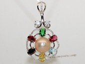 spp475 Sterling Silver Freshwater Pearl Blossom Pendant with Color Zircon Bead