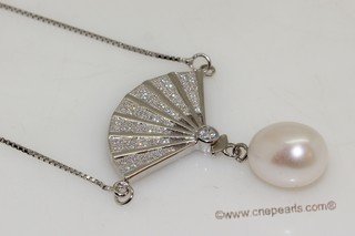 spp512  sterling silver chain  white rice pearl  antique Chinese fan necklace