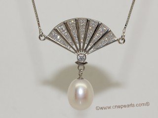 spp512  sterling silver chain  white rice pearl  antique Chinese fan necklace