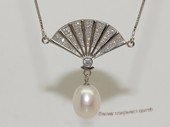 spp512  sterling silver chain  white rice pearl  antique Chinese fan necklace