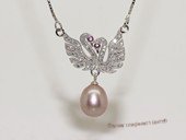 spp529  sterling silver chain double swan pendant with purple rice pearl