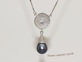 spp536 9-10mm black rice pearl sterling silver necklace with zircon