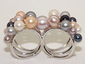 spr191 Sterling Silver Multi-Color Round Freshwater Pearl Two Finger Ring