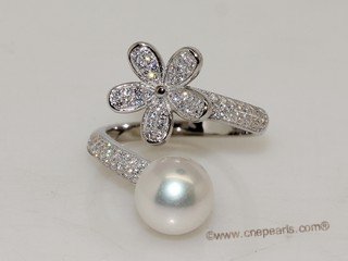 spr196 Sterling Silver Freshwater Cultured Pearl Flower Design  Bypass Ring