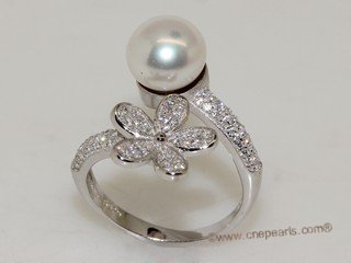 spr196 Sterling Silver Freshwater Cultured Pearl Flower Design  Bypass Ring